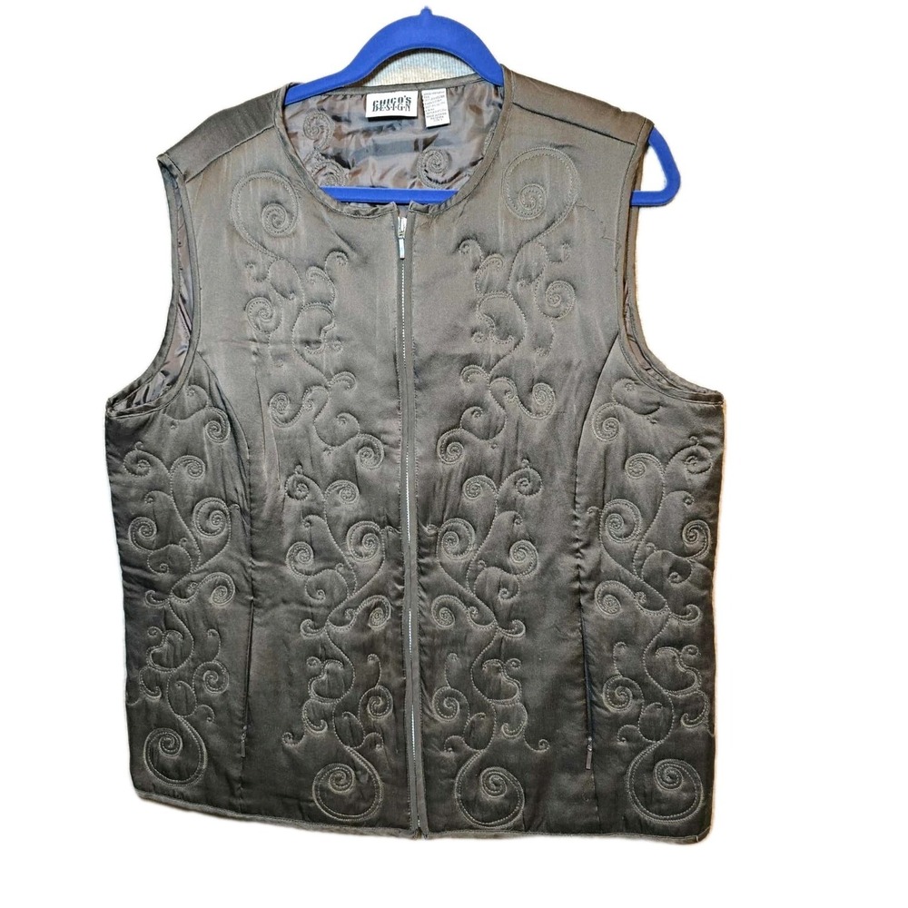 Vintage Chicos Design Womens Sz 3 Silk Brown Vest Floral Embroidered 100%Silk